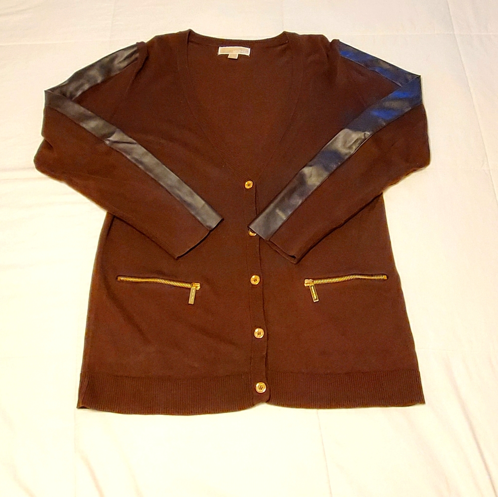 Michael Kors Cardigan with Faux Leather Inset